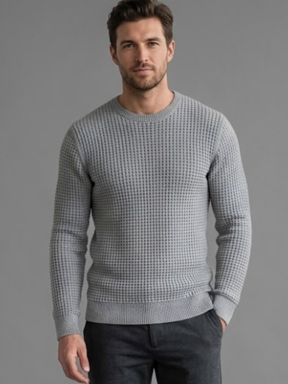 All Saints Cotton Crew Neck Waffle Knit Gray Men's Sweater Small